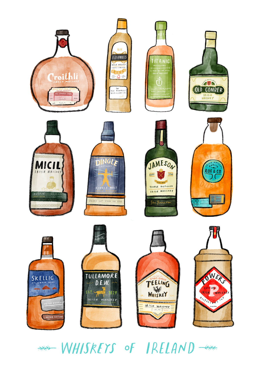 Whiskeys of Ireland Illustration Print
